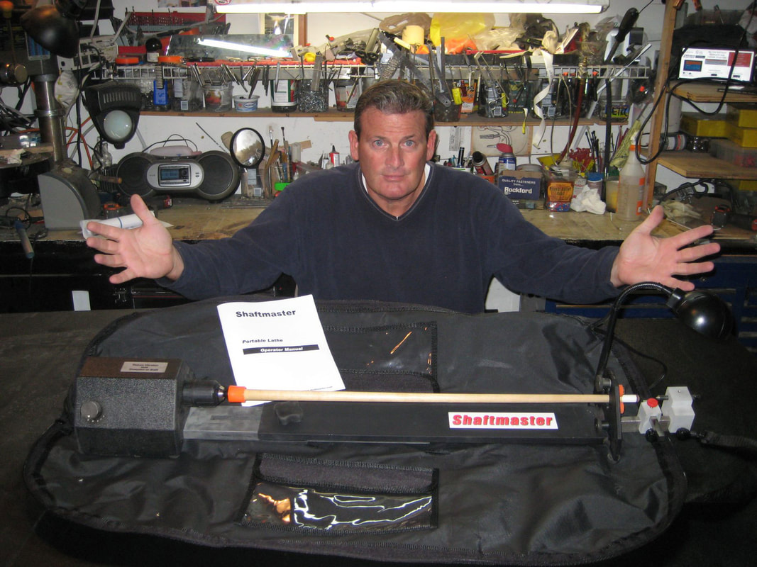 Picture of Jude Hammond with the Shaftmaster the completely portable cue lathe
